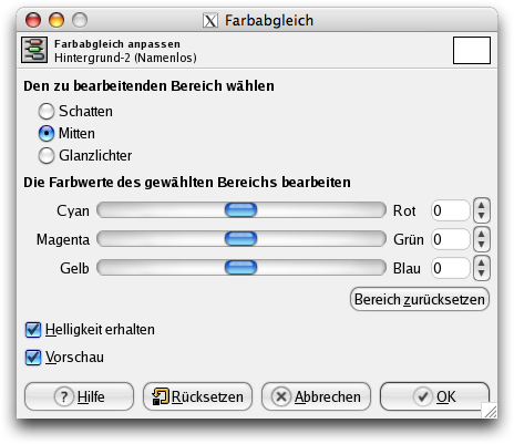 Das Dialogfenster des Werkzeuges Farbabgleich